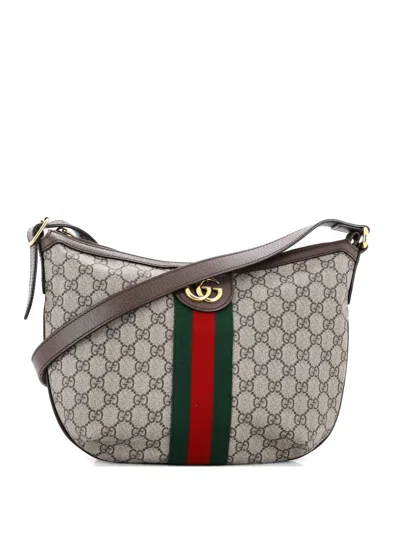 Pre-owned Gucci Ophidia Half Moon Hobo Gg Coated Canvas Small Crossbody Bag In Brown