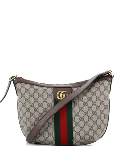 Pre-owned Gucci Ophidia Half Moon Hobo Gg Coated Canvas Small Crossbody Bag In Brown