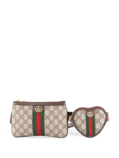 Pre-owned Gucci Ophidia Heart Utility Double Gg Coated Canvas Belt Bag In 褐色