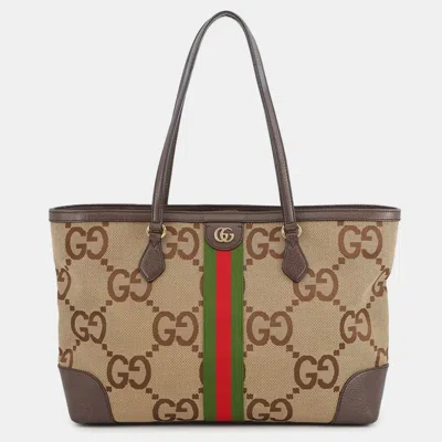 Pre-owned Gucci Ophidia Jumbo Gg Medium Tote Brown/beige Canvas Leather Size Medium In Sand