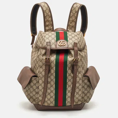 Pre-owned Gucci Ophidia Large Beige/brown Gg Supreme Canvas And Leather Backpack In Sand