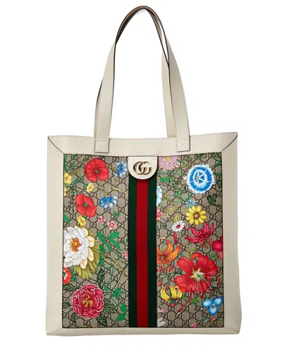 Gucci Ophidia Large Gg Flora Canvas & Leather Tote In White