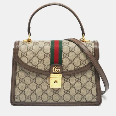 Pre-owned Gucci Ophidia Medium Beige/ebony Gg Supreme Canvas And Leather Top Handle Bag In Sand