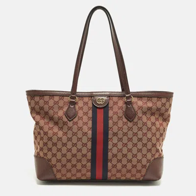 Pre-owned Gucci Ophidia Medium Burgundy Gg Supreme Canvas And Leather Tote