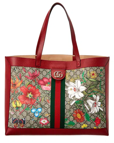 Gucci Ophidia Medium Gg Flora Canvas & Leather Tote In Beige