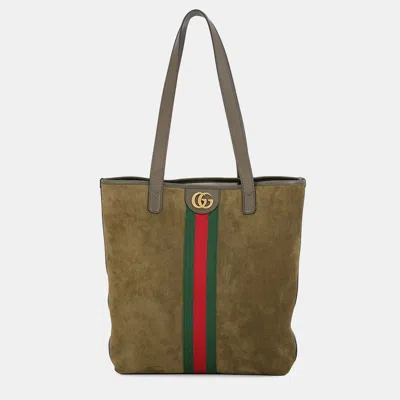 Pre-owned Gucci Ophidia Medium Khaki Suede Tote Bag In Green
