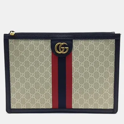 Pre-owned Gucci Beige/navy Canvas Ophidia Portfolio Clutch Bag In Multicolor