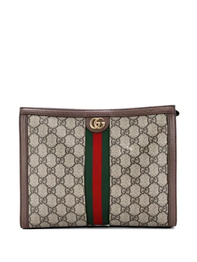 Pre-owned Gucci Ophidia Pouch Gg Coated Canvas Medium Clutch Bag In Brown