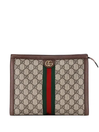 Pre-owned Gucci Ophidia Pouch Gg Coated Canvas Medium Clutch Bag In Brown