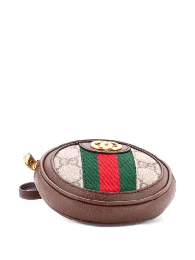 Pre-owned Gucci Ophidia Round Coin Purse With Strap Gg Coated Canvas Pouch In Brown