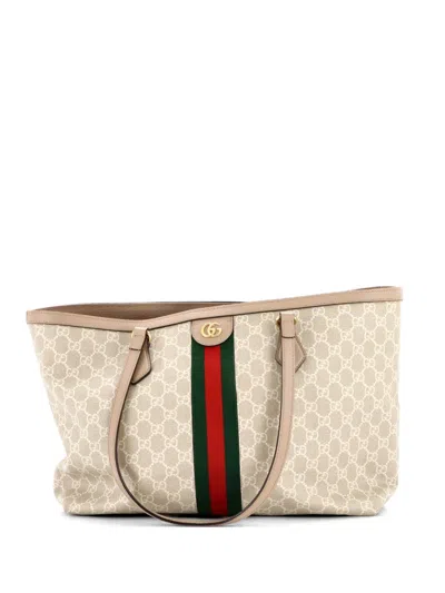 Pre-owned Gucci Ophidia Shopping Gg Coated Canvas Medium Tote Bag In Neutral