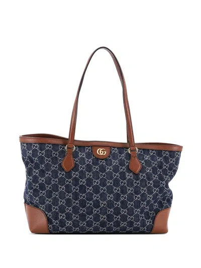 Pre-owned Gucci Ophidia Shopping Gg Denim Medium Tote Bag In Blue