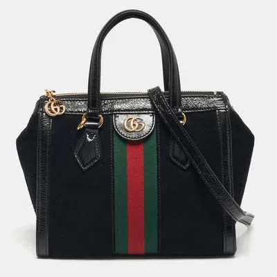 Pre-owned Gucci Ophidia Small Black Suede And Patent Leather Tote