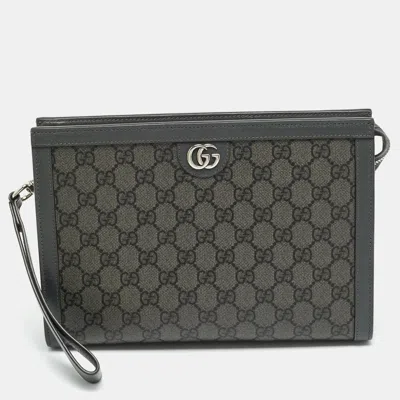 Pre-owned Gucci Ophidia Small Grey Gg Supreme Canvas Wristlet Pouch In Gray