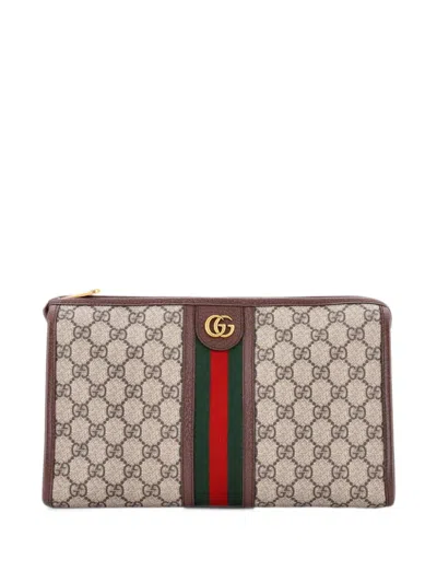 Pre-owned Gucci Ophidia Toiletry Gg Coated Canvas Large Pouch In Brown