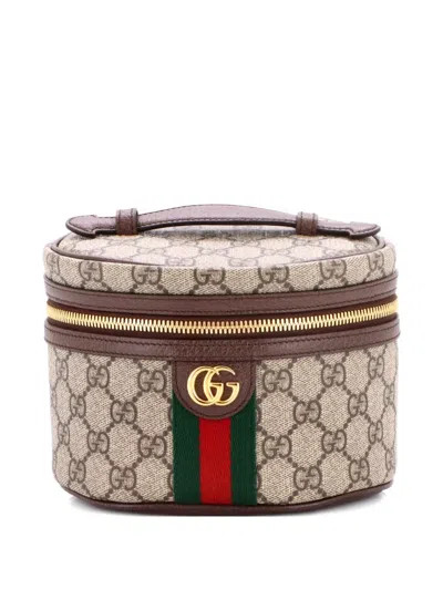 Pre-owned Gucci Ophidia Top Handle Cosmetic Case Gg Coated Canvas Mini Pouch In Brown