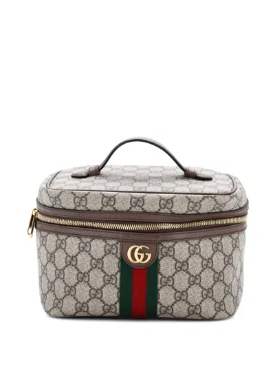 Pre-owned Gucci Ophidia Top Handle Cosmetic Case Gg Coated Canvas Small Pouch In Brown