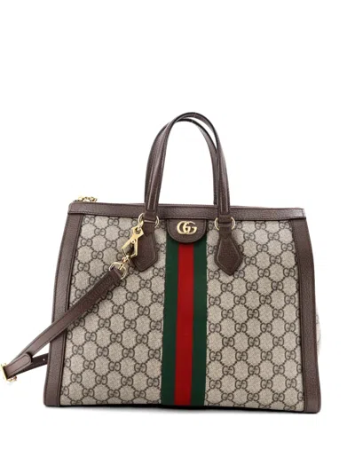 Pre-owned Gucci Ophidia Top Handle Gg Coated Canvas Medium Tote Bag In Brown