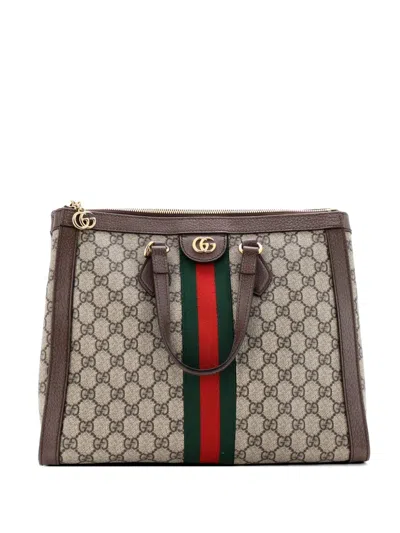 Pre-owned Gucci Ophidia Top Handle Gg Coated Canvas Medium Tote Bag In Brown