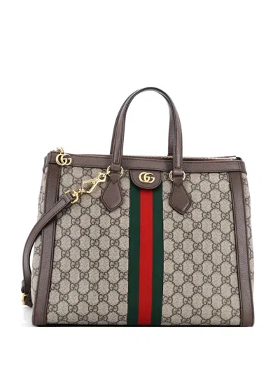 Pre-owned Gucci Ophidia Top Handle Gg Coated Canvas Medium Tote Bag In Brown