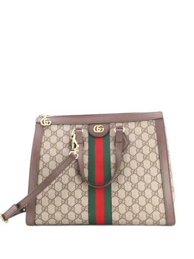 Pre-owned Gucci Ophidia Top Handle Gg Coated Canvas Medium Tote Bag In Brown