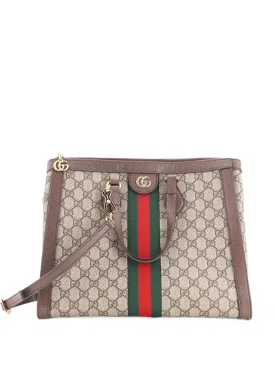Pre-owned Gucci Ophidia Top Handle Gg Coated Canvas Medium Tote Bag In Brown
