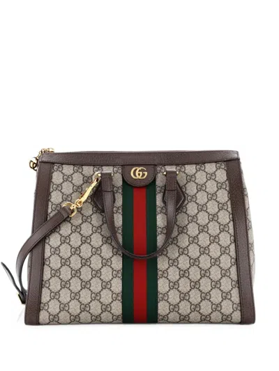 Pre-owned Gucci Ophidia Top Handle Gg Coated Canvas Medium Tote Bag In Brown