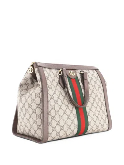 Pre-owned Gucci Ophidia Top Handle Gg Coated Canvas Medium Tote Bag In Brown