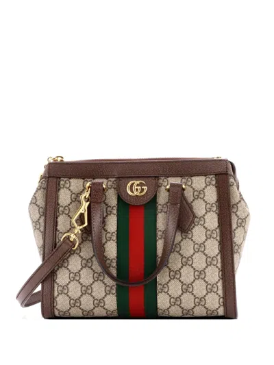 Pre-owned Gucci Ophidia Top Handle Gg Coated Canvas Small Tote Bag In Brown