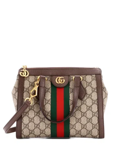 Pre-owned Gucci Ophidia Top Handle Gg Coated Canvas Small Tote Bag In Brown