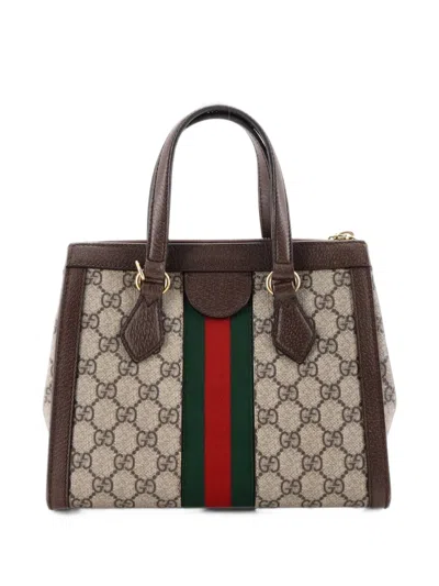 Pre-owned Gucci Ophidia Top Handle Gg Coated Canvas Small Tote Bag In Brown
