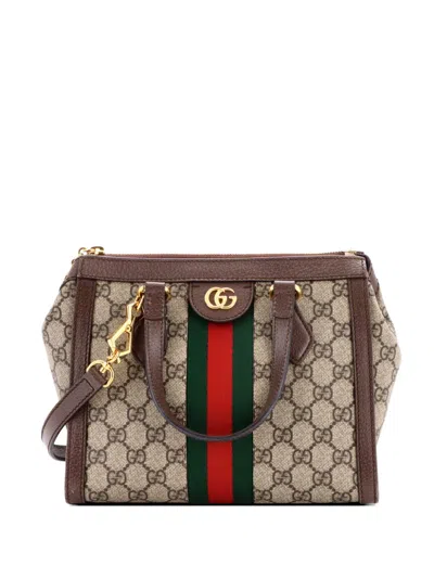 Pre-owned Gucci Ophidia Top Handle Gg Coated Canvas With Leather Small Tote Bag In Brown