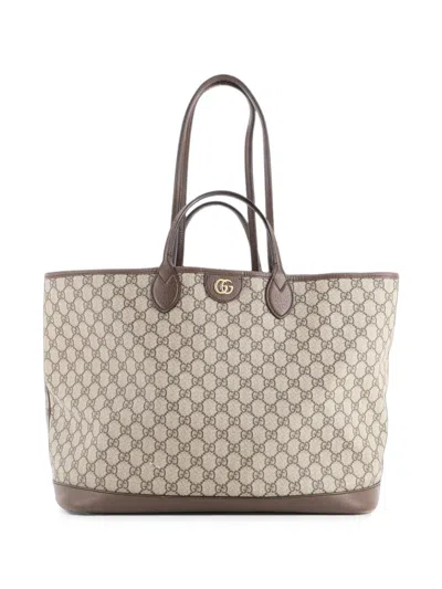 Pre-owned Gucci Ophidia Top Handle Shopping Gg Coated Canvas And Leather Medium Tote Bag In Brown