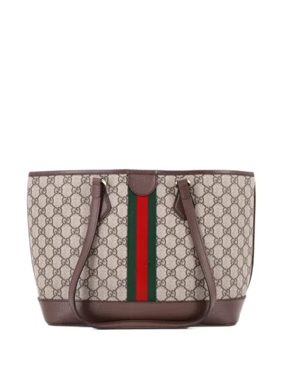 Pre-owned Gucci Ophidia Top Handle Shopping Gg Coated Canvas And Leather Small Tote Bag In Brown