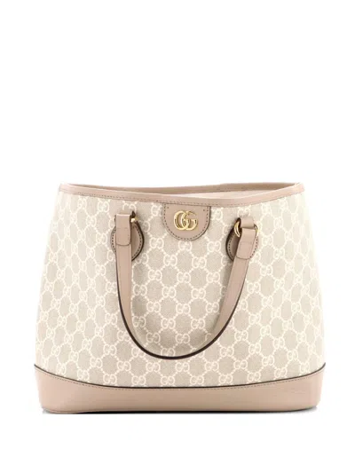 Pre-owned Gucci Ophidia Top Handle Shopping Gg Coated Canvas And Leather Small Tote Bag In Neutral