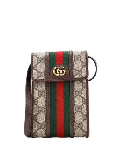 Pre-owned Gucci Ophidia Vertical Flap Gg Coated Canvas Mini Crossbody Bag In Brown