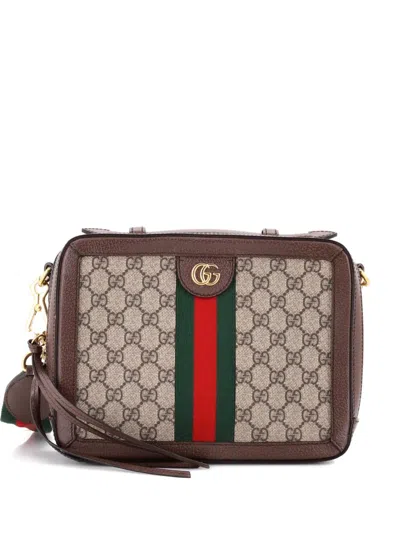 Pre-owned Gucci Ophidia Zip Around Camera Bag Gg Coated Canvas Small Shoulder Bag In Brown