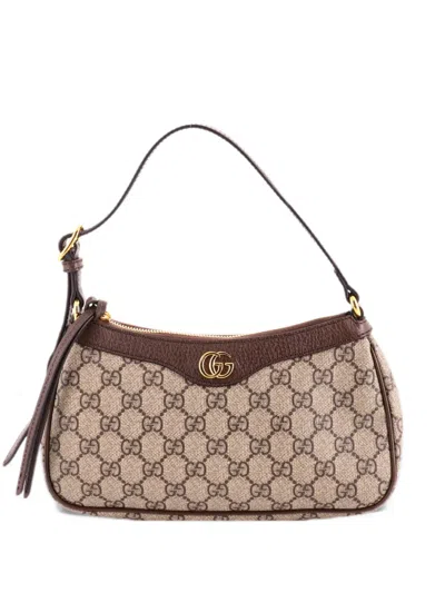 Pre-owned Gucci Ophidia Zip Pochette Gg Coated Canvas With Leather Small Shoulder Bag In Brown