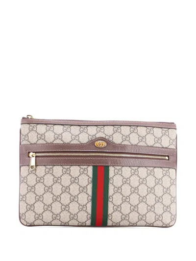 Pre-owned Gucci Ophidia Zip Pouch Gg Coated Canvas Large Clutch Bag In Brown