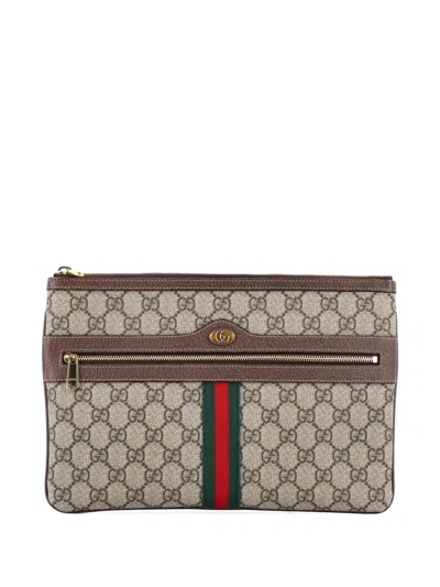 Pre-owned Gucci Ophidia Zip Pouch Gg Coated Canvas Large Clutch Bag In Brown