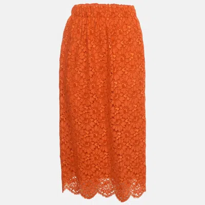 Pre-owned Gucci Orange Floral Lace Scalloped Hem Midi Skirt L
