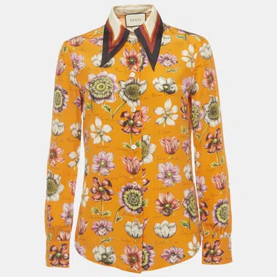 Pre-owned Gucci Orange Floral Printed Silk Oversized Collar Shirt S