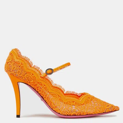 Pre-owned Gucci Orange Lace Pointed Toe Pumps Size 36.5