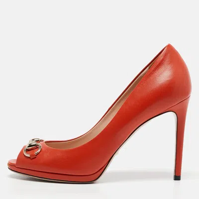 Pre-owned Gucci Orange Leather Horsebit Peep Toe Pumps Size 38.5