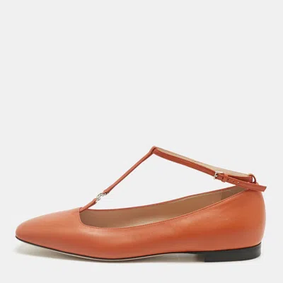 Pre-owned Gucci Orange Leather Interlocking G Logo T Strap Ballet Flats Size 40
