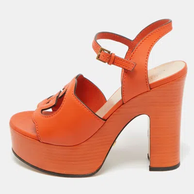 Pre-owned Gucci Orange Leather Interlocking G Platform Ankle Strap Sandals Size 38.5