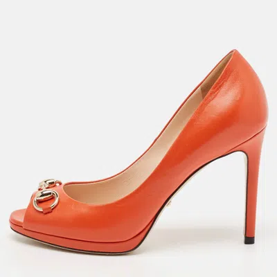 Pre-owned Gucci Orange Leather Jolene Horsebit Peep Toe Pumps Size 35.5
