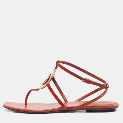 Pre-owned Gucci Orange Patent Leather Gg Logo Buckle Flat Thong Sandals Size 37.5