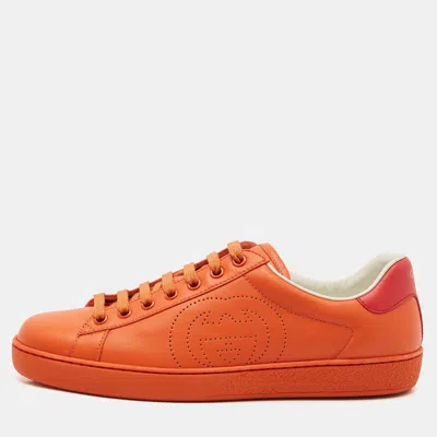 Pre-owned Gucci Orange Perforated Interlocking G Leather Ace Sneakers Size 40.5