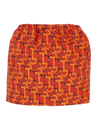 Gucci Orange Skirt With Elastic Waist And All-over Horsebit Print In Cotton Woman In Printed